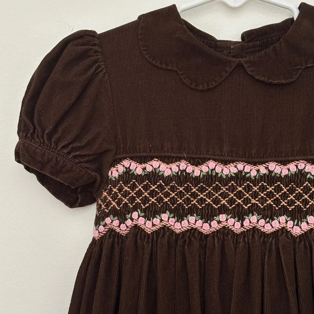 Mom Me Girls Dress 4 Brown Corduroy Smocked Floral Peter Pan Collar Cottage VTG
